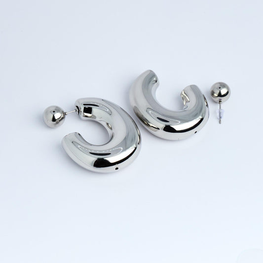 Silver C-Shape Stainless Steel Earrings | Modern Hollow Hoops