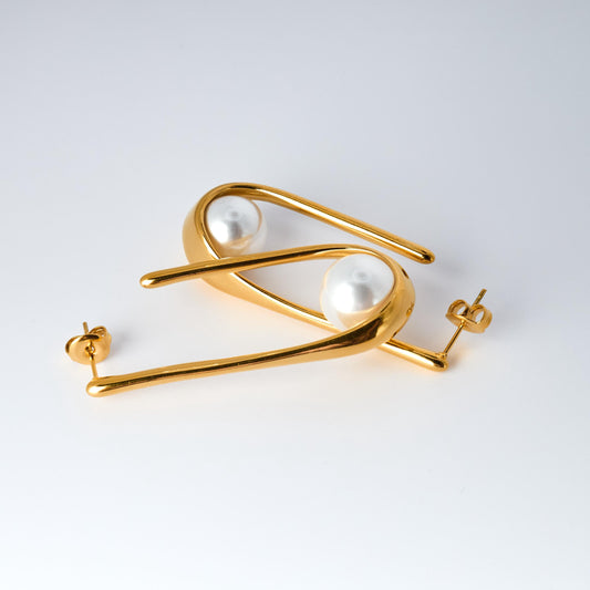 18K Gold U-Shaped Pearl Earrings | Hypoallergenic Stainless Steel
