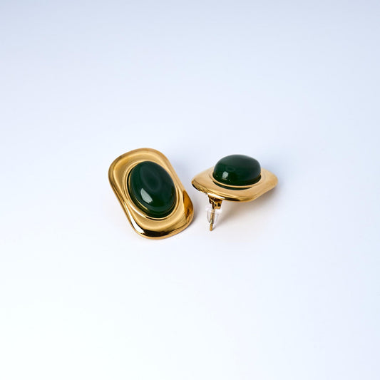 18K Gold Plated Green Cat Eye Stud Earrings | Waterproof Stainless Steel