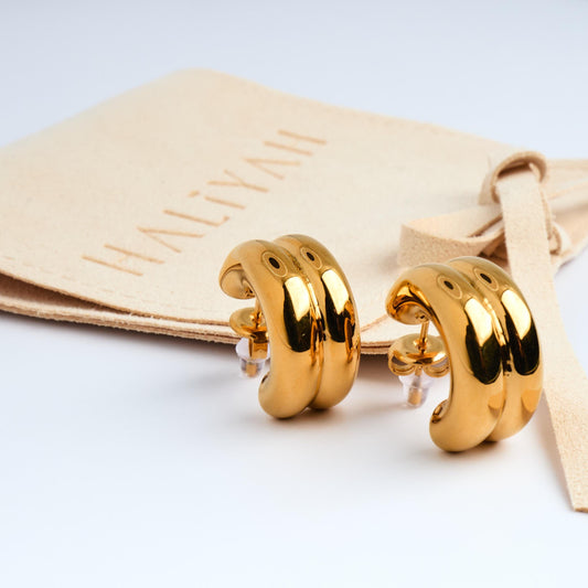 18K Gold Plated Hoop Earrings | Chunky Double Layered Stainless Steel